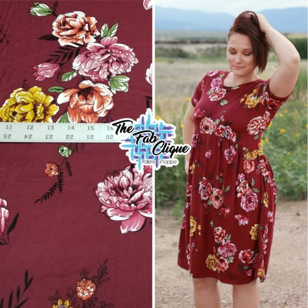 Summer Wine Floral on Burgundy Double Brushed Poly