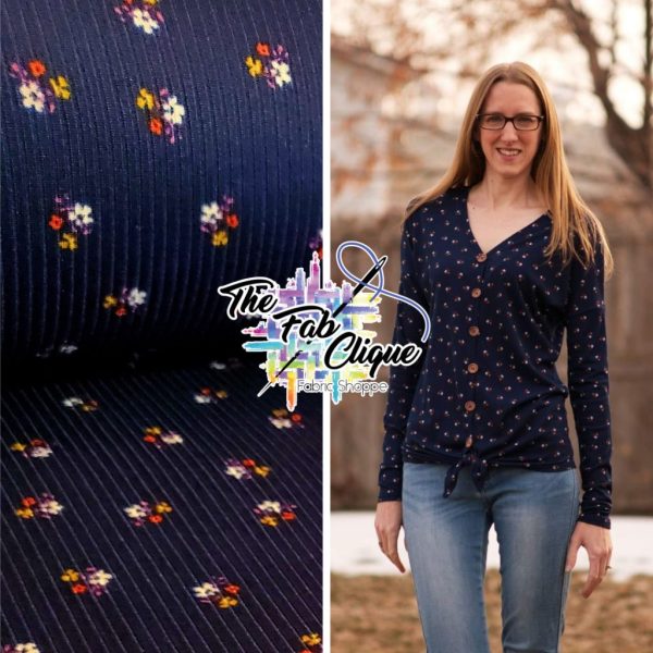Moon River Dainty Floral Print on Navy Ribbed Knit
