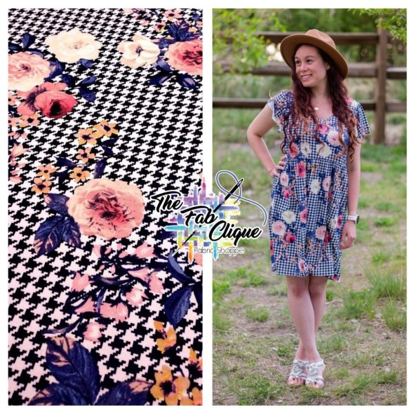 Bree's Flowers on Navy Houndstooth Double Brushed Poly